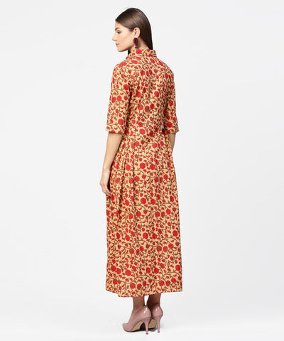 Women's Yellow & Red Printed Half Sleeve Cotton Maxi Dress