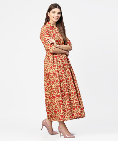 Women's Yellow & Red Printed Half Sleeve Cotton Maxi Dress