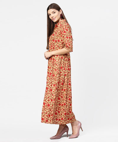 Women's Yellow & Red Printed Half Sleeve Cotton Maxi Dress