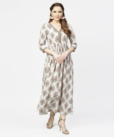 Women's Off White Printed 3/4Th Sleeve Cotton Maxi Dress