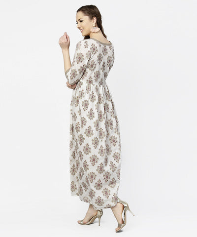 Women's Off White Printed 3/4Th Sleeve Cotton Maxi Dress