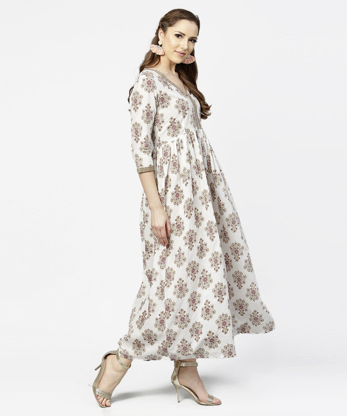 Women's Off White Printed 3/4Th Sleeve Cotton Maxi Dress