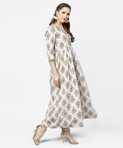 Women's Off White Printed 3/4Th Sleeve Cotton Maxi Dress