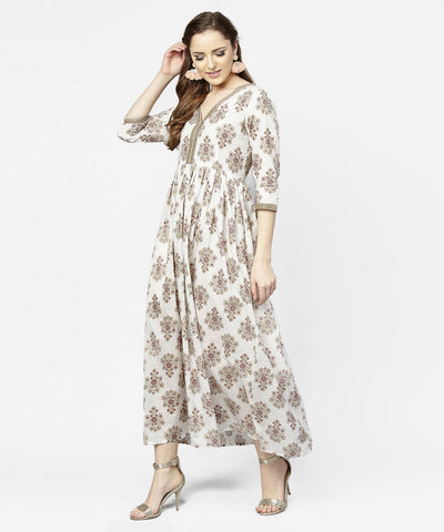 Women's Off White Printed 3/4Th Sleeve Cotton Maxi Dress