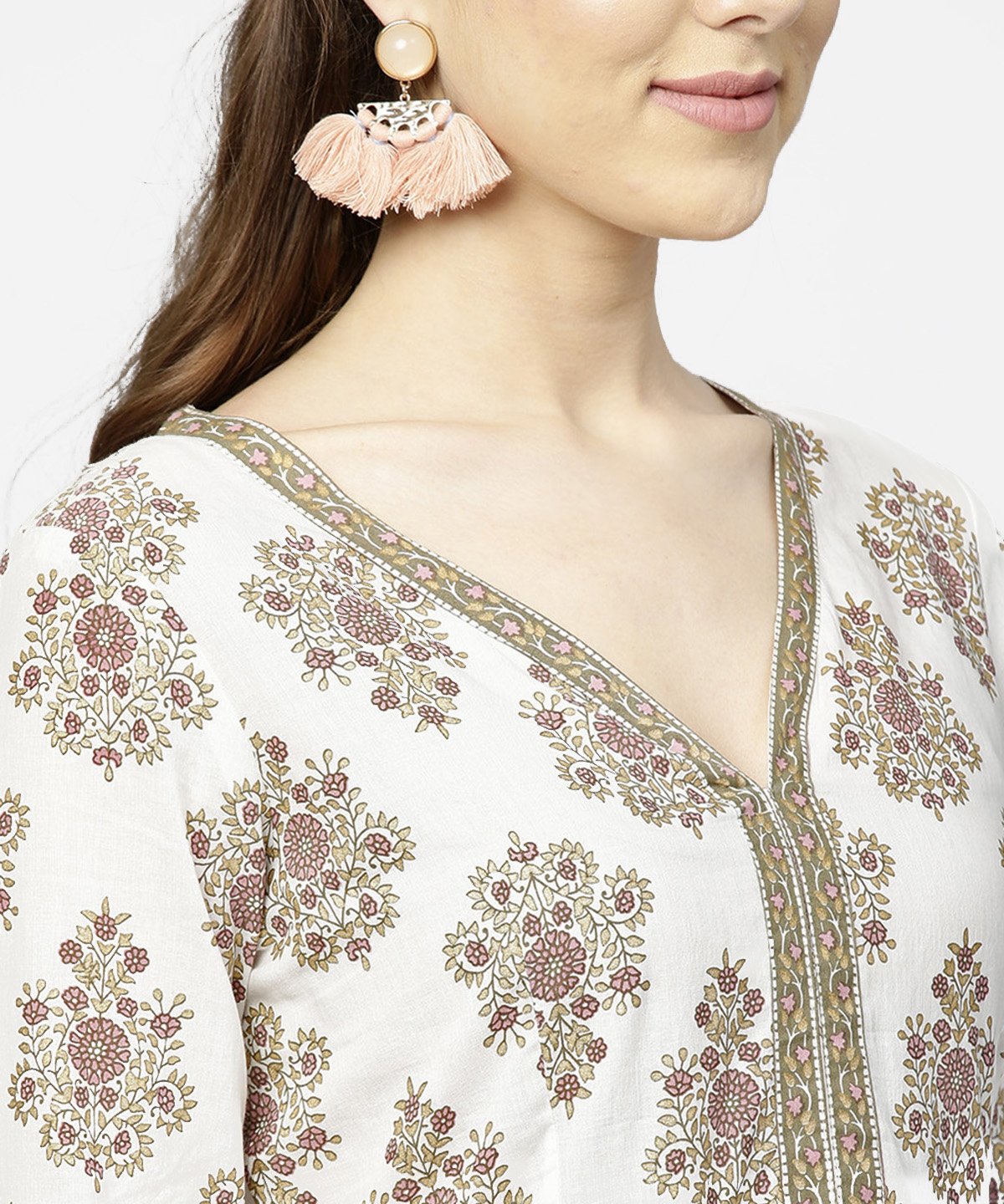 Women's Off White Printed 3/4Th Sleeve Cotton Maxi Dress