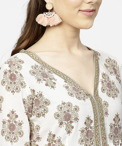 Women's Off White Printed 3/4Th Sleeve Cotton Maxi Dress