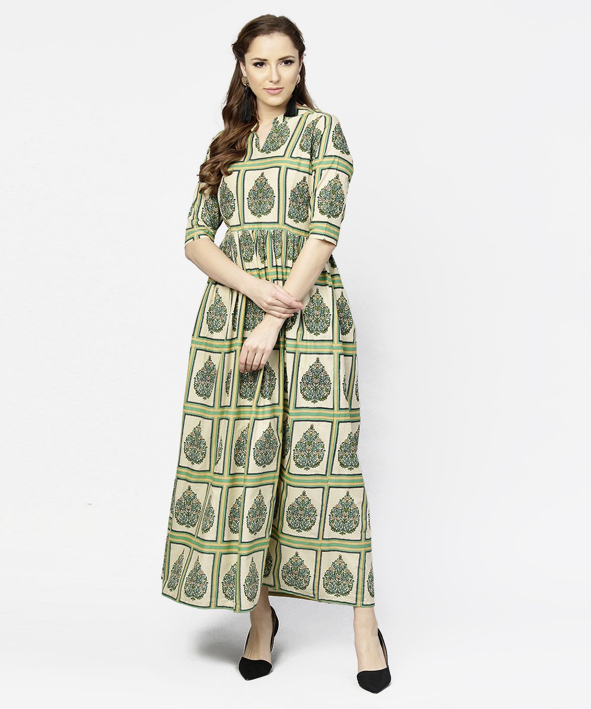 Women's Green Printed Half Sleeve Cotton Maxi Dress