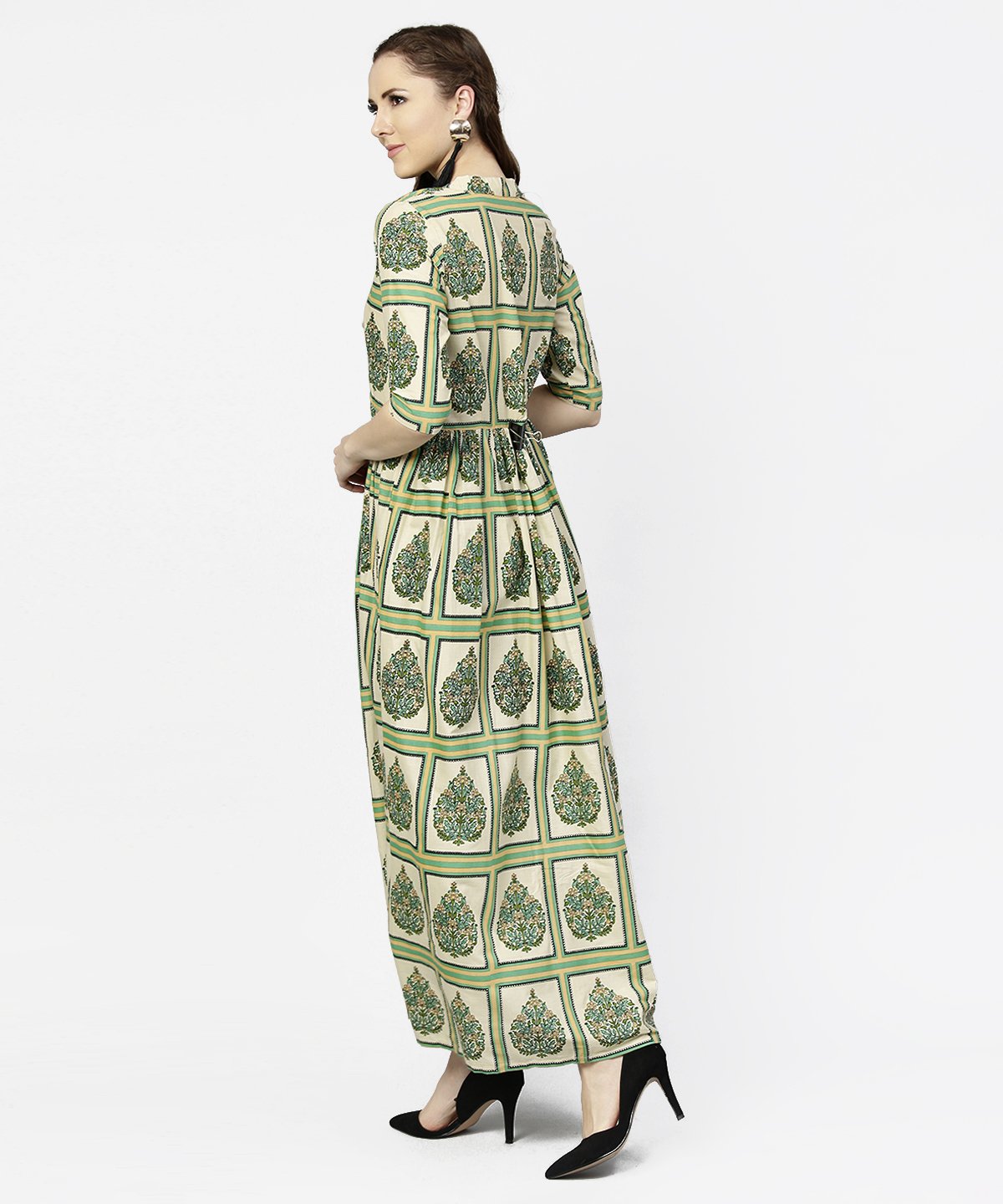 Women's Green Printed Half Sleeve Cotton Maxi Dress