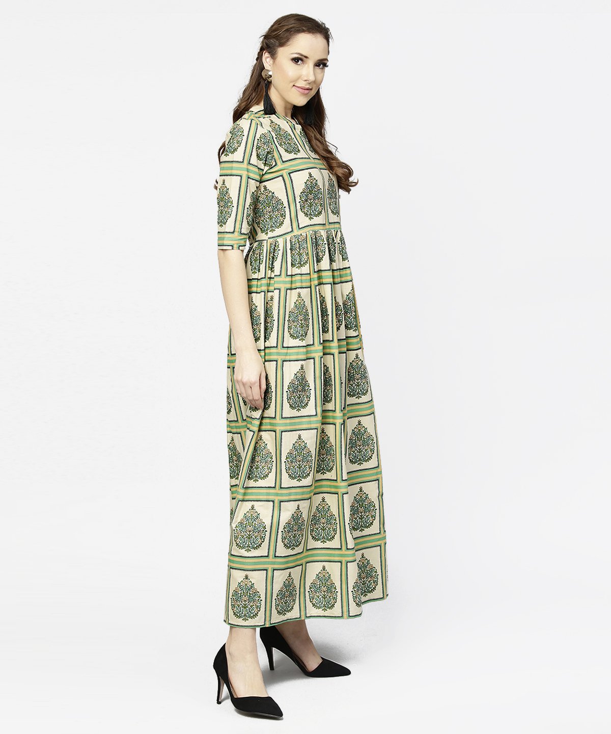 Women's Green Printed Half Sleeve Cotton Maxi Dress