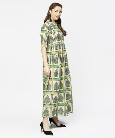 Women's Green Printed Half Sleeve Cotton Maxi Dress