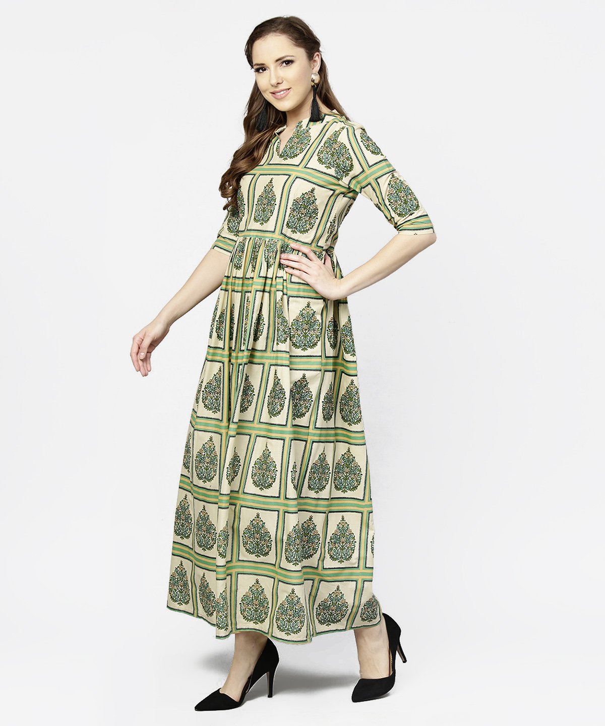 Women's Green Printed Half Sleeve Cotton Maxi Dress