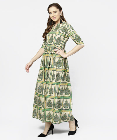 Women's Green Printed Half Sleeve Cotton Maxi Dress