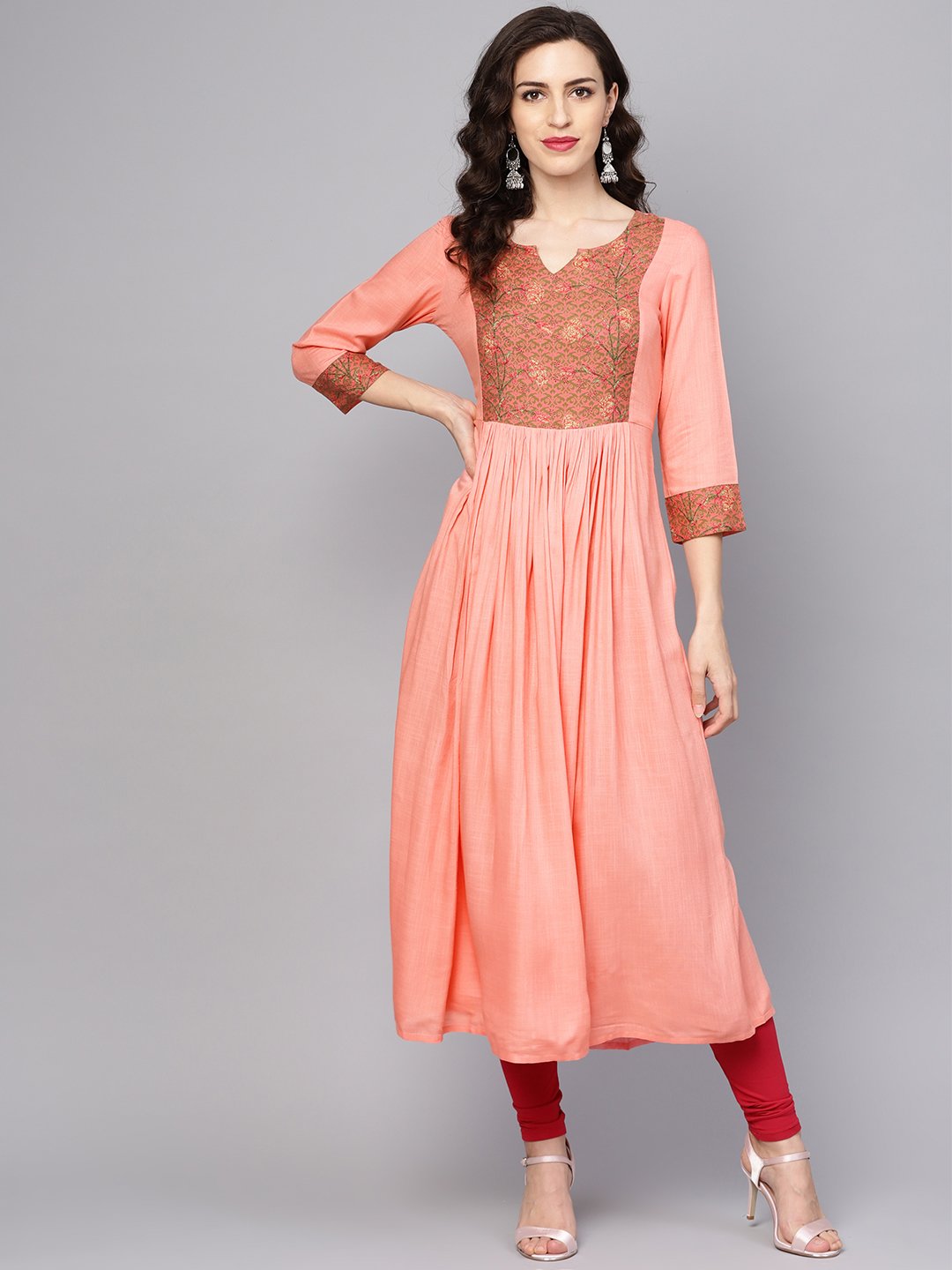 Women's Solid Peach 3/4Th Sleeve Rayon Maxi Dress