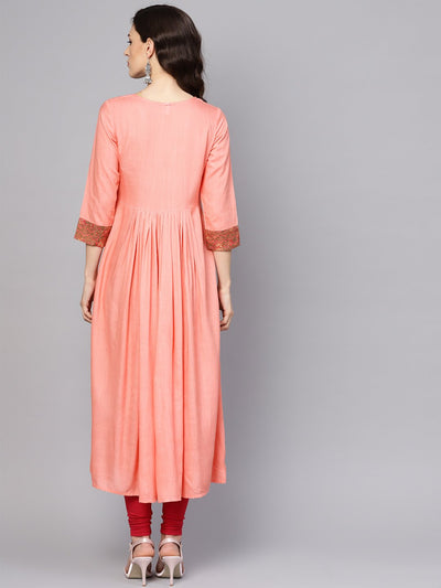 Women's Solid Peach 3/4Th Sleeve Rayon Maxi Dress
