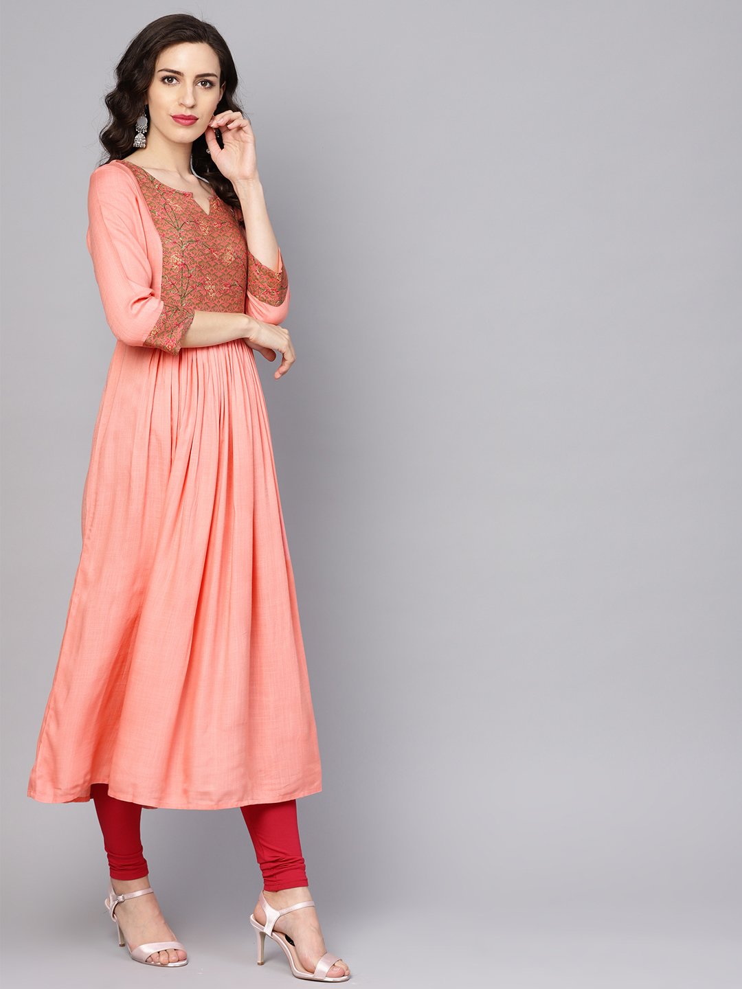 Women's Solid Peach 3/4Th Sleeve Rayon Maxi Dress