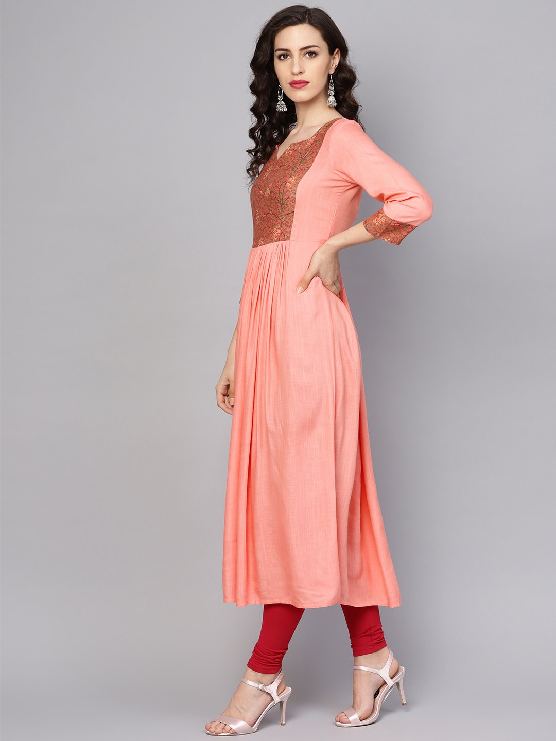 Women's Solid Peach 3/4Th Sleeve Rayon Maxi Dress