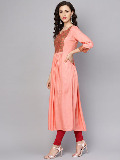 Women's Solid Peach 3/4Th Sleeve Rayon Maxi Dress