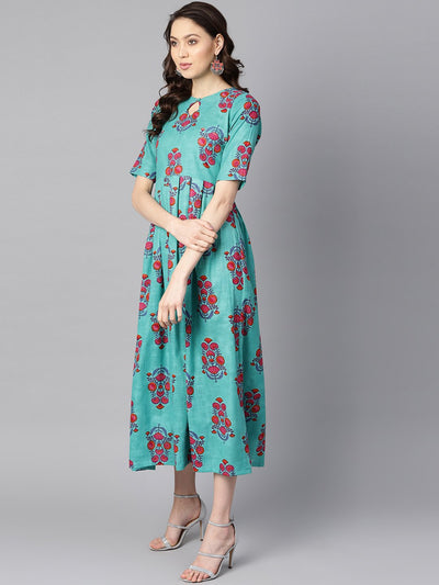 Women's Turqish Blue Color Printed Half Sleeve Pleated Maxi Dress With Deep Back And Tassel Detailing.