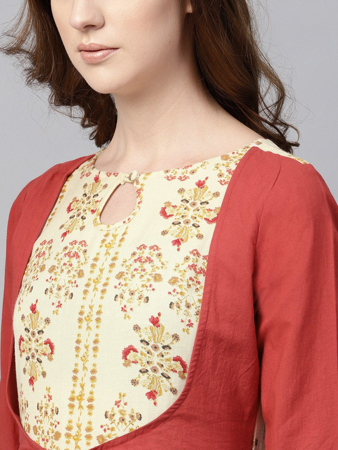 Women's Maroon Maxi Dress With Layered Printed Yoke And Cuff