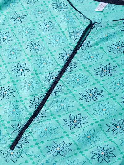 Women's Blue Floral Printed V-Neck Cotton Maxi Dress