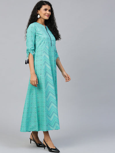 Women's Blue Floral Printed V-Neck Cotton Maxi Dress