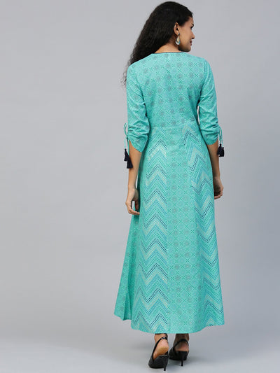 Women's Blue Floral Printed V-Neck Cotton Maxi Dress