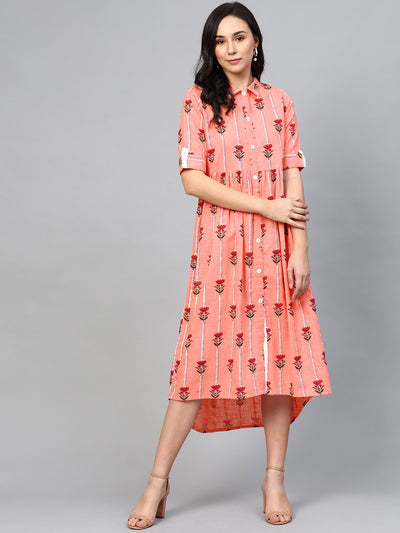 Women's Pink Floral Printed Shirt Collar Cotton Maxi Dress