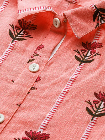 Women's Pink Floral Printed Shirt Collar Cotton Maxi Dress
