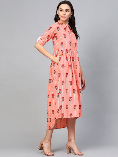 Women's Pink Floral Printed Shirt Collar Cotton Maxi Dress