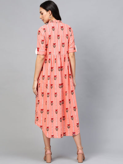 Women's Pink Floral Printed Shirt Collar Cotton Maxi Dress