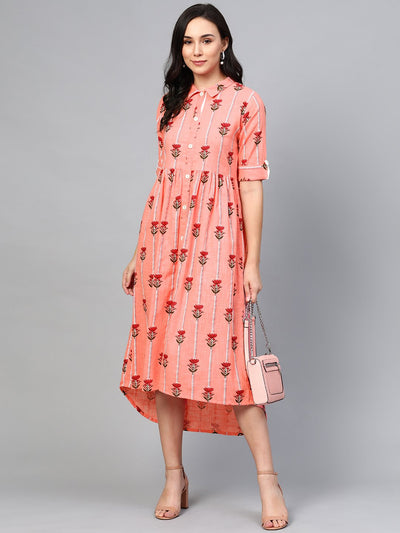 Women's Pink Floral Printed Shirt Collar Cotton Maxi Dress