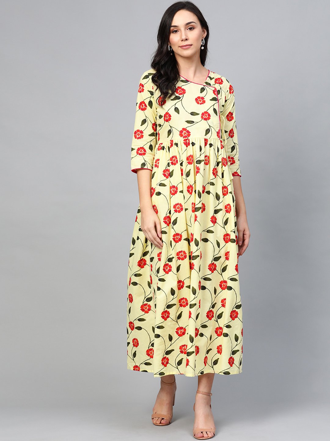 Women's Yellow Floral Printed V-Neck Viscose Rayon Maxi Dress