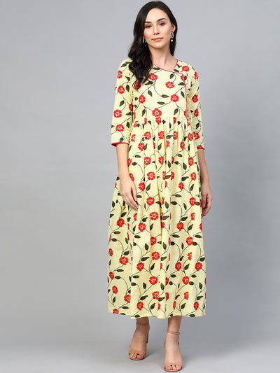Women's Yellow Floral Printed V-Neck Viscose Rayon Maxi Dress
