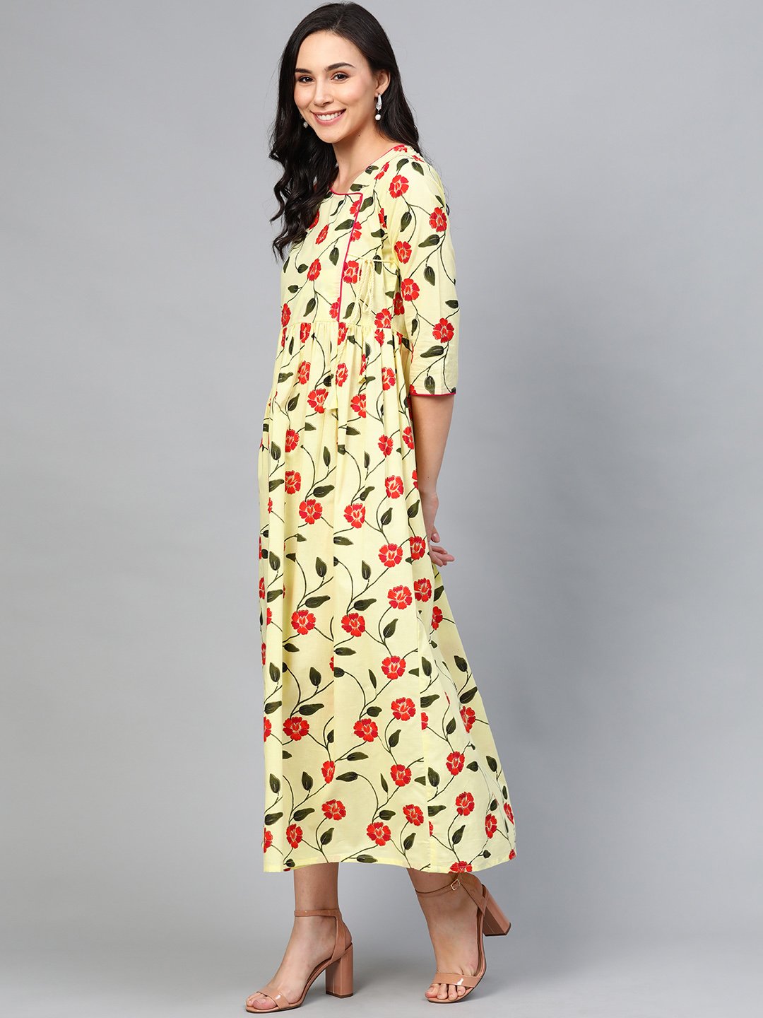 Women's Yellow Floral Printed V-Neck Viscose Rayon Maxi Dress