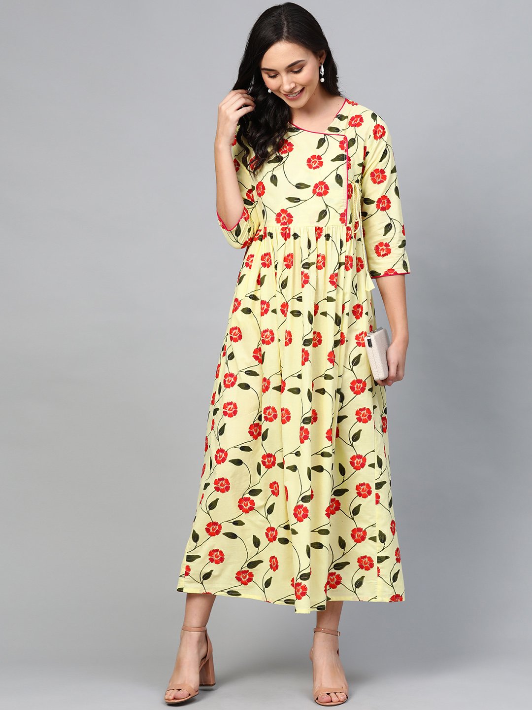 Women's Yellow Floral Printed V-Neck Viscose Rayon Maxi Dress