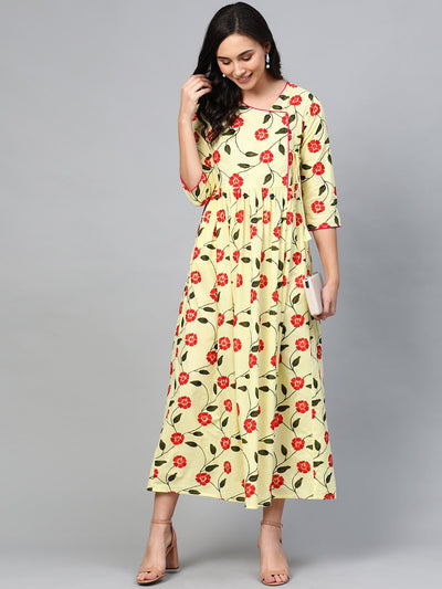Women's Yellow Floral Printed V-Neck Viscose Rayon Maxi Dress