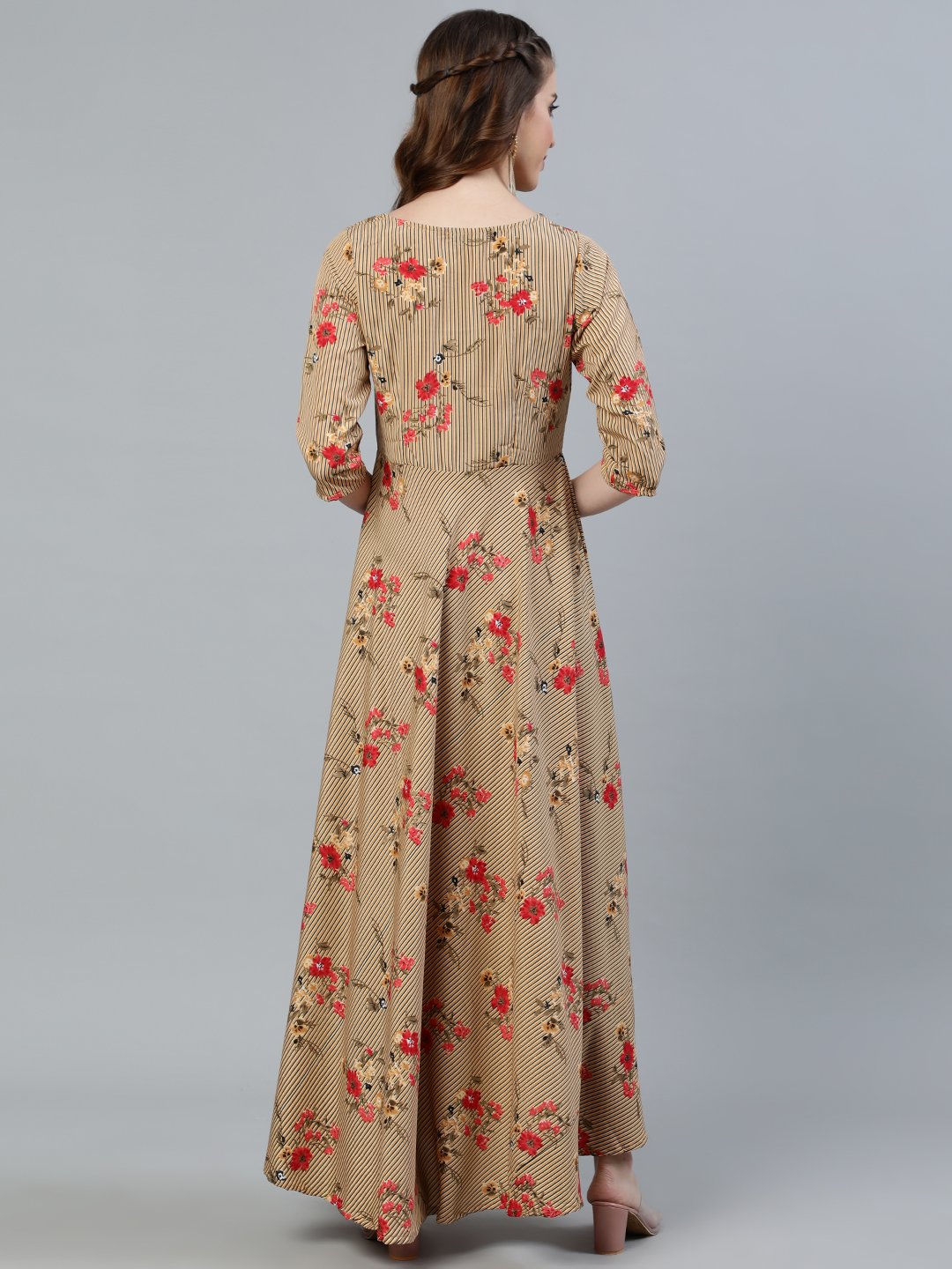 Women's Beige Printed Maxi Dress With Three Quarter Sleeves