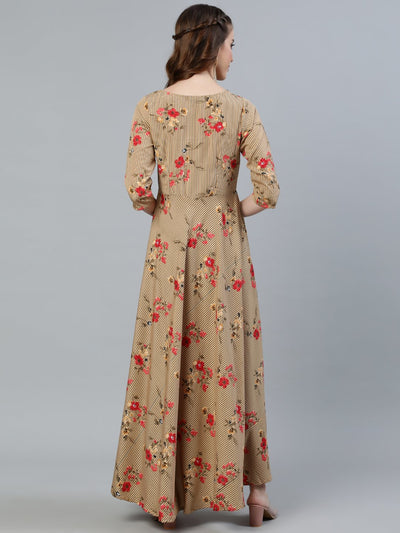 Women's Beige Printed Maxi Dress With Three Quarter Sleeves