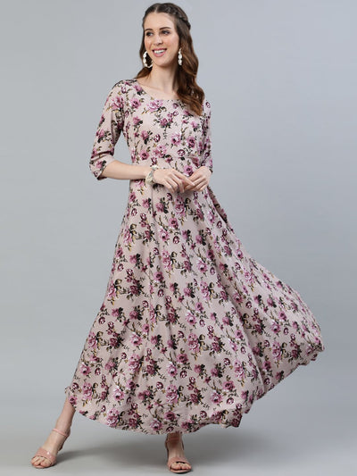 Women's Purple Floral Printed Maxi Dress With Three Quarter Sleeves