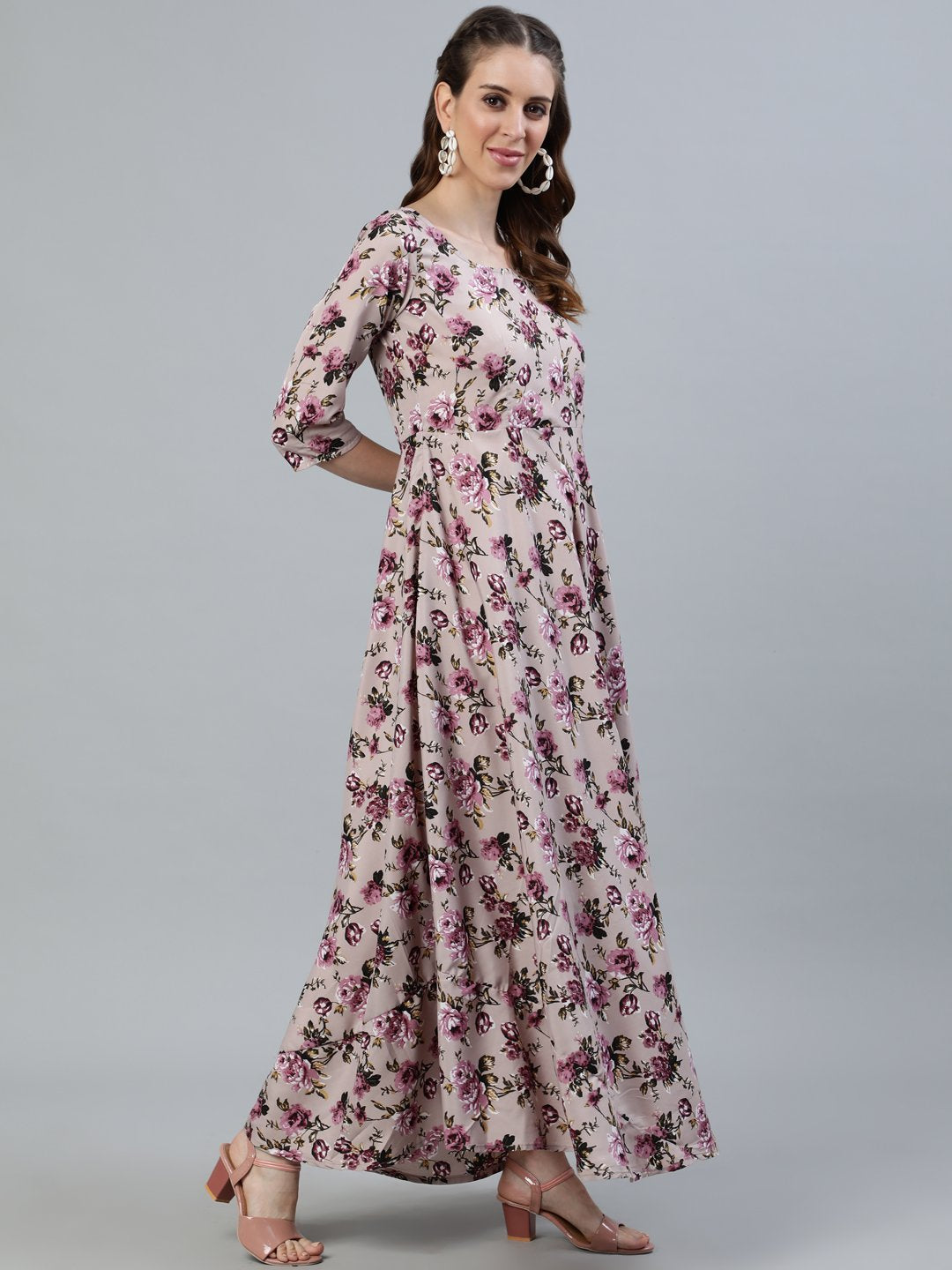 Women's Purple Floral Printed Maxi Dress With Three Quarter Sleeves