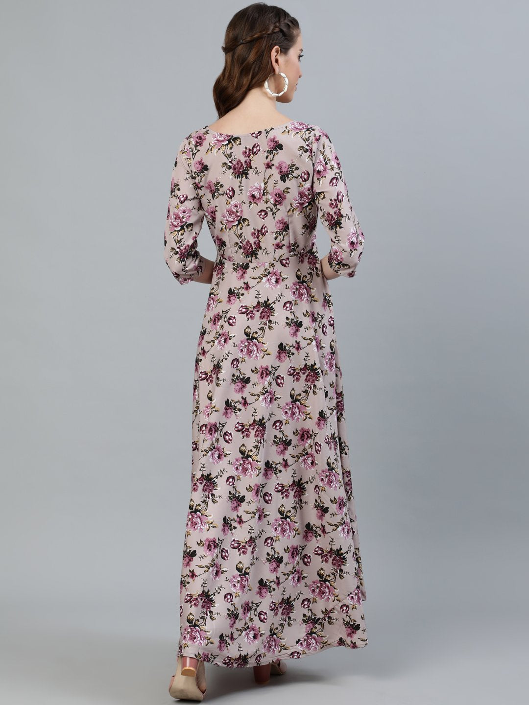 Women's Purple Floral Printed Maxi Dress With Three Quarter Sleeves