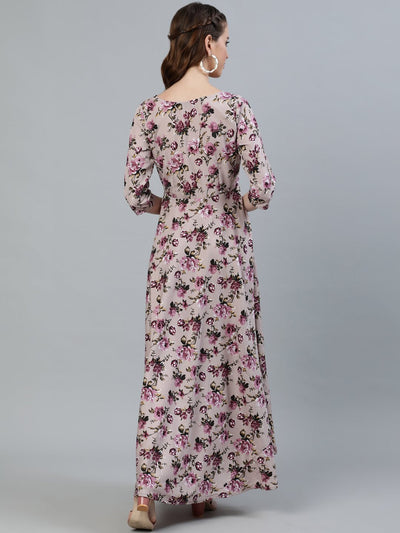 Women's Purple Floral Printed Maxi Dress With Three Quarter Sleeves