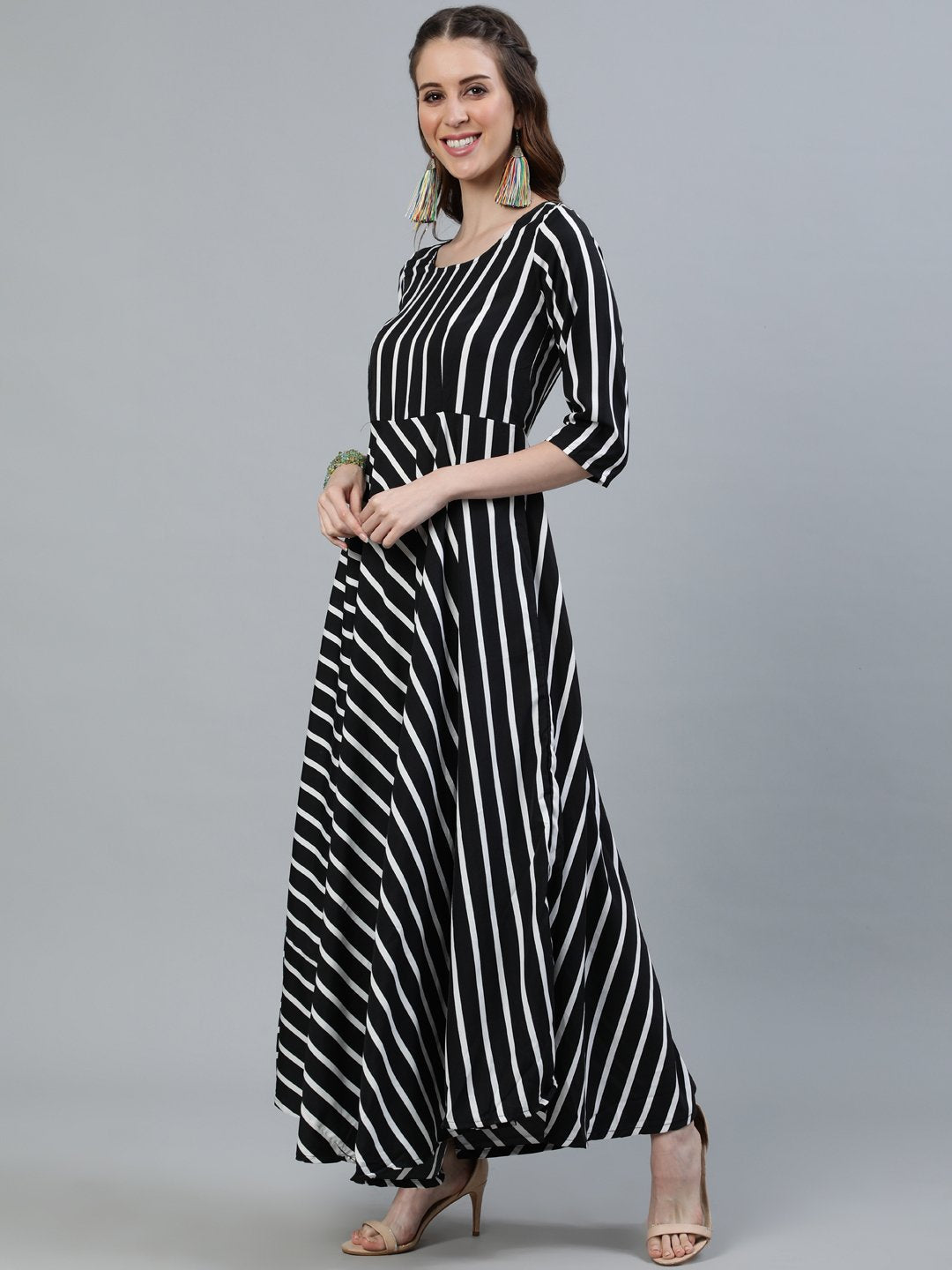Women's Black Striped Maxi Dress With Three Quarter Sleeves