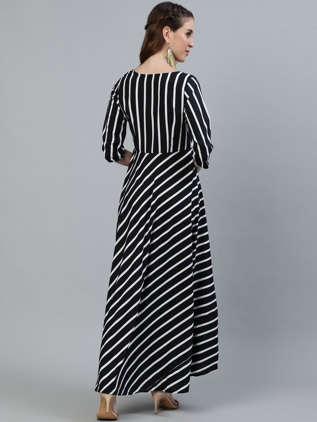 Women's Black Striped Maxi Dress With Three Quarter Sleeves