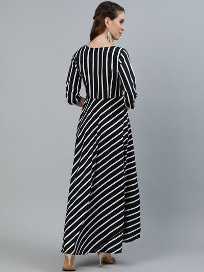 Women's Black Striped Maxi Dress With Three Quarter Sleeves