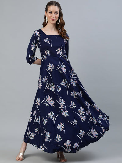 Women's Navy Blue Floral Printed Maxi Dress With Three Quarter Sleeves