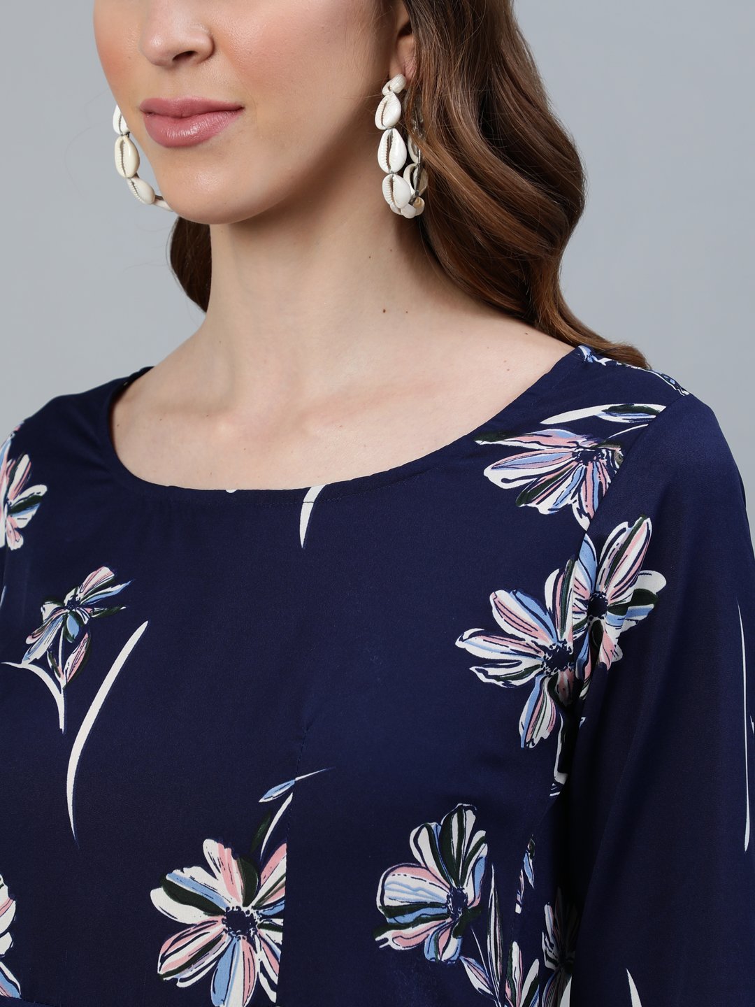 Women's Navy Blue Floral Printed Maxi Dress With Three Quarter Sleeves