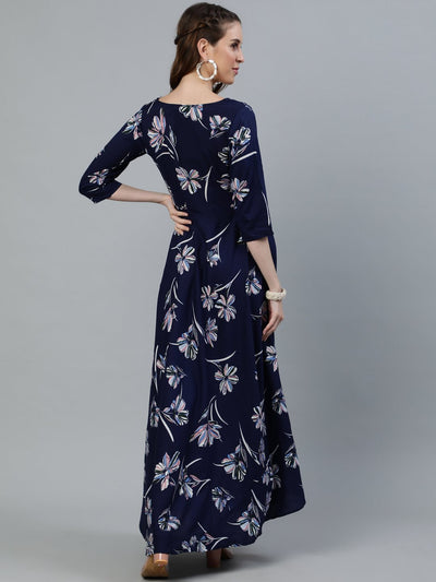 Women's Navy Blue Floral Printed Maxi Dress With Three Quarter Sleeves