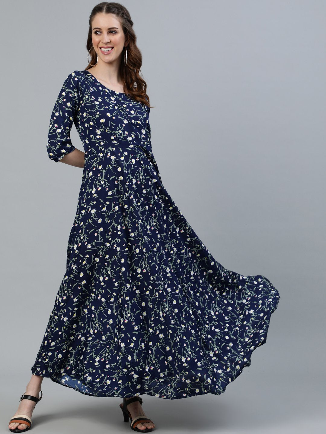 Women's Navy Blue Floral Printed Maxi Dress With Three Quarter Sleeves