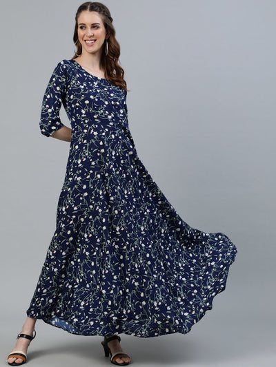 Women's Navy Blue Floral Printed Maxi Dress With Three Quarter Sleeves